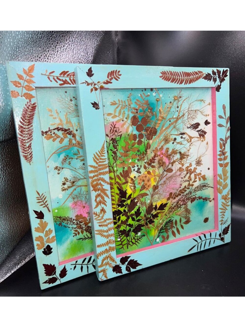 Pair Handmade Pressed Botanical Mixed Media Wall Art Signed Barnes Vintage Boho